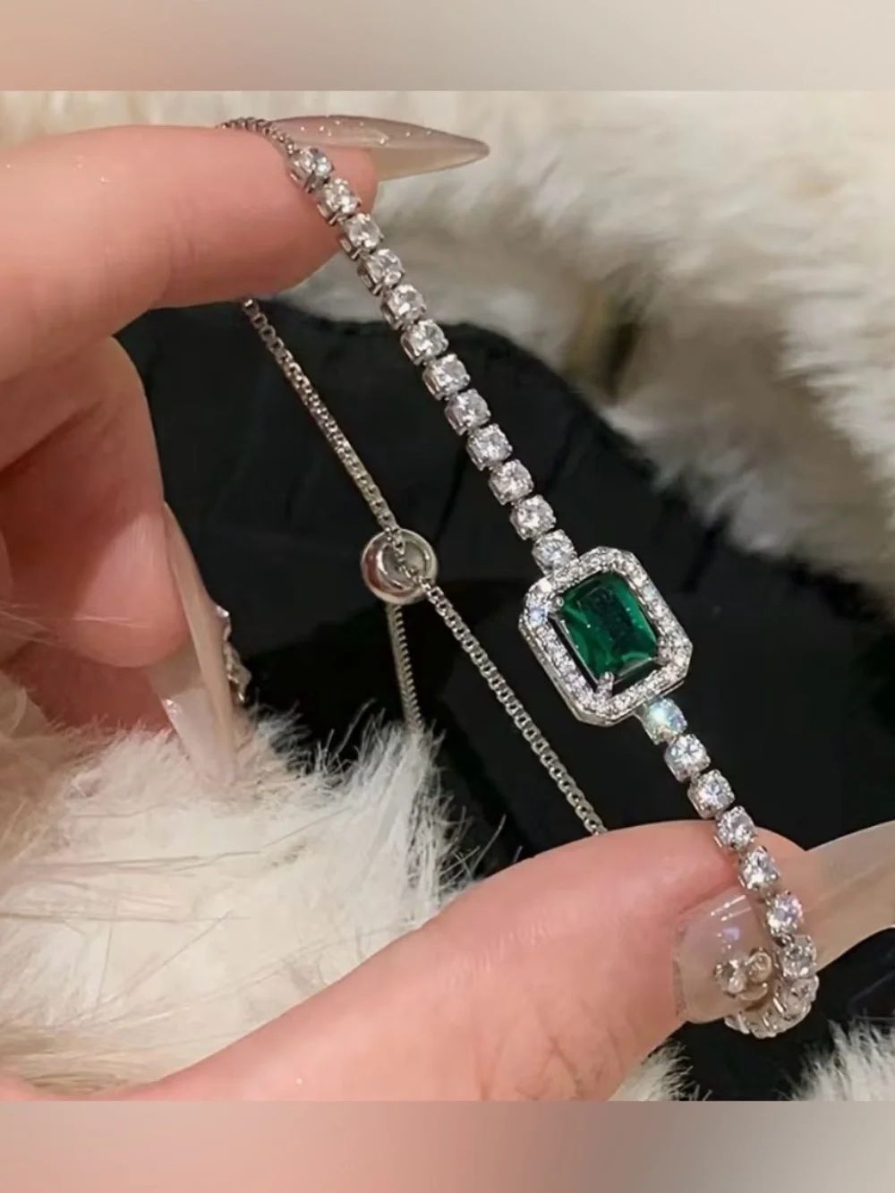 💚 Emerald Halo Tennis Bracelet Silver with Green Crystal Center Stone 💚